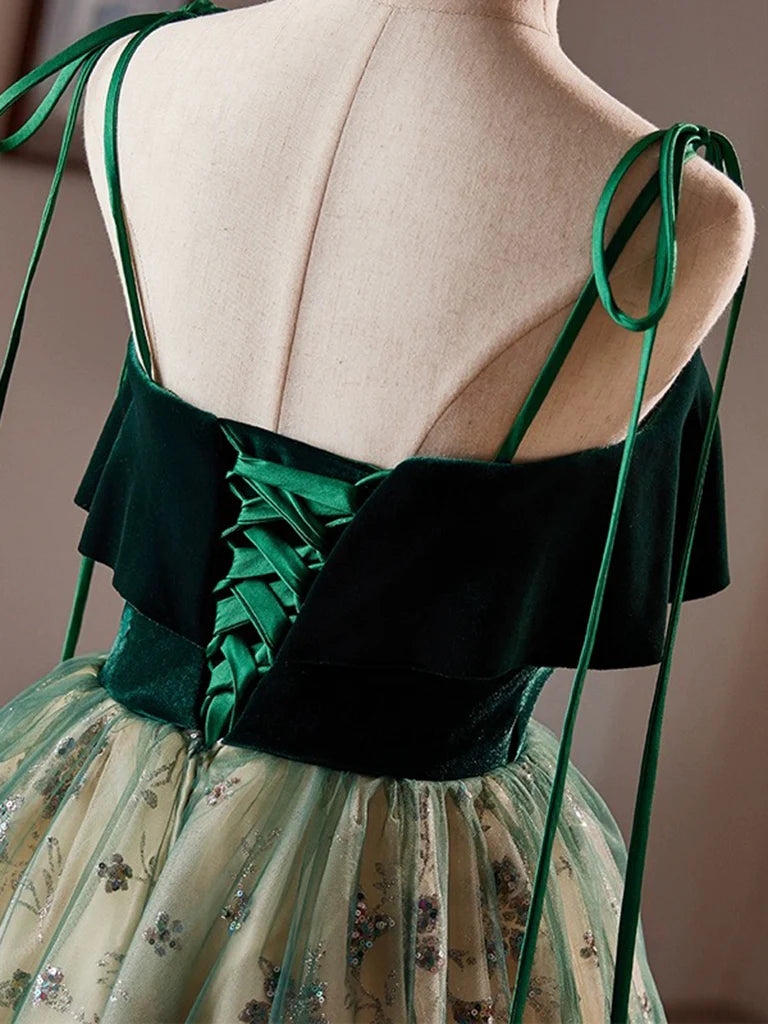 A-Line Tulle Sequin Velvet Green Short Homecoming Dress