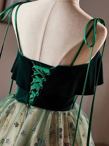 A-Line Tulle Sequin Velvet Green Short Homecoming Dress