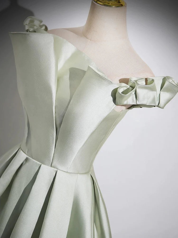 A-Line Satin Green Long Evening Dresses Green Long Formal Dress