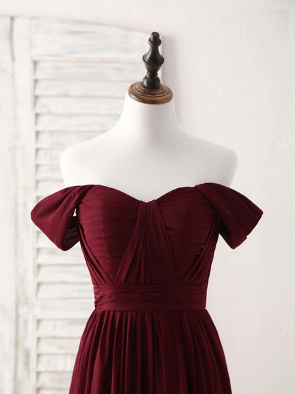 Chiffon Off Shoulder Long Prom Dress Burgundy Bridesmaid Dress