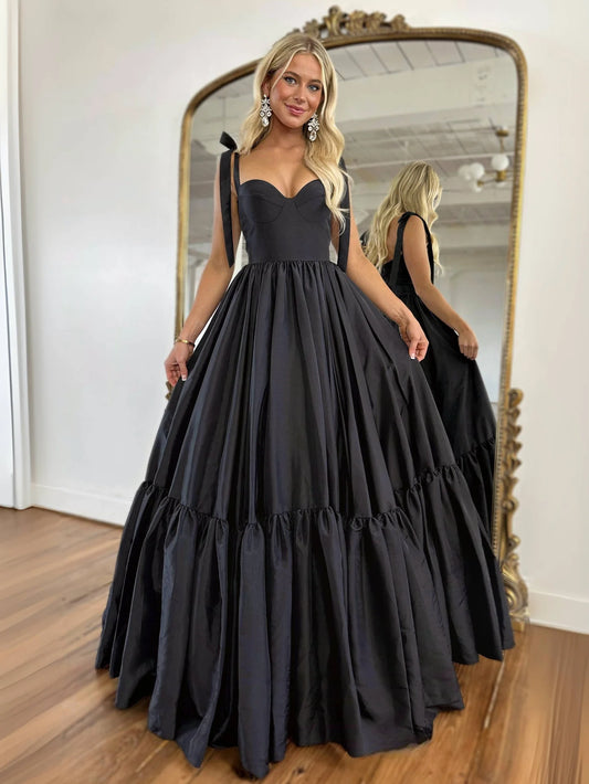 A-Line Sweetheart Neck Taffeta Black Long Evening Dress Black Long Evening Dress
