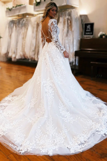 Appliques Plunge V A-Line Long Wedding Dress with Long Sleeves