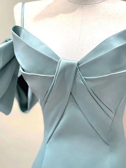 Blue A-Line Satin Long Prom Dresses Blue Satin Long Formal Dresses