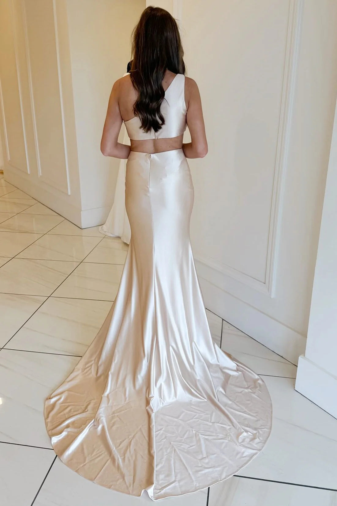 One-Shoulder Champagne Cutout Mermaid Long Formal Prom Dress