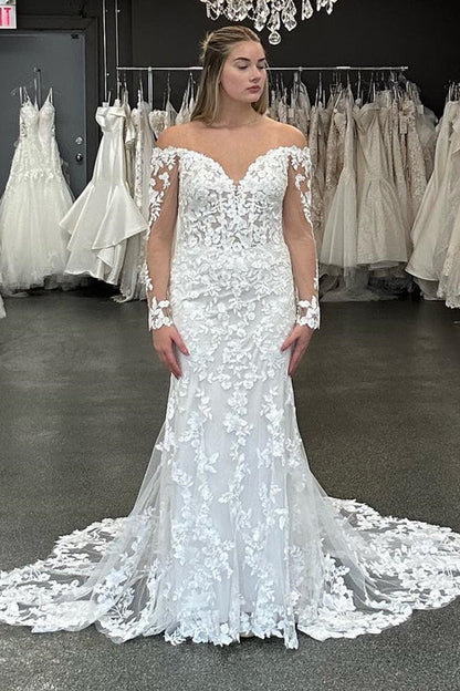 Off-the-Shoulder Illusion Sleeves Appliques Wedding Dress
