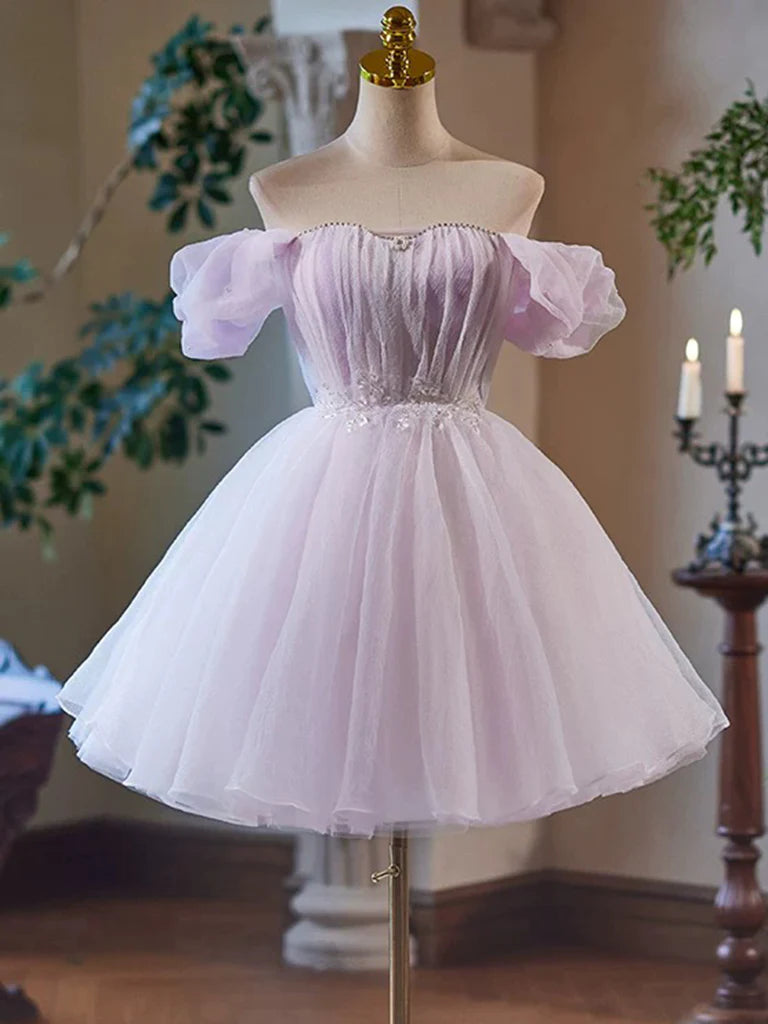 A-Line Sweetheart Neck Tulle Purple Short Prom Dress Purple Homecoming Dress