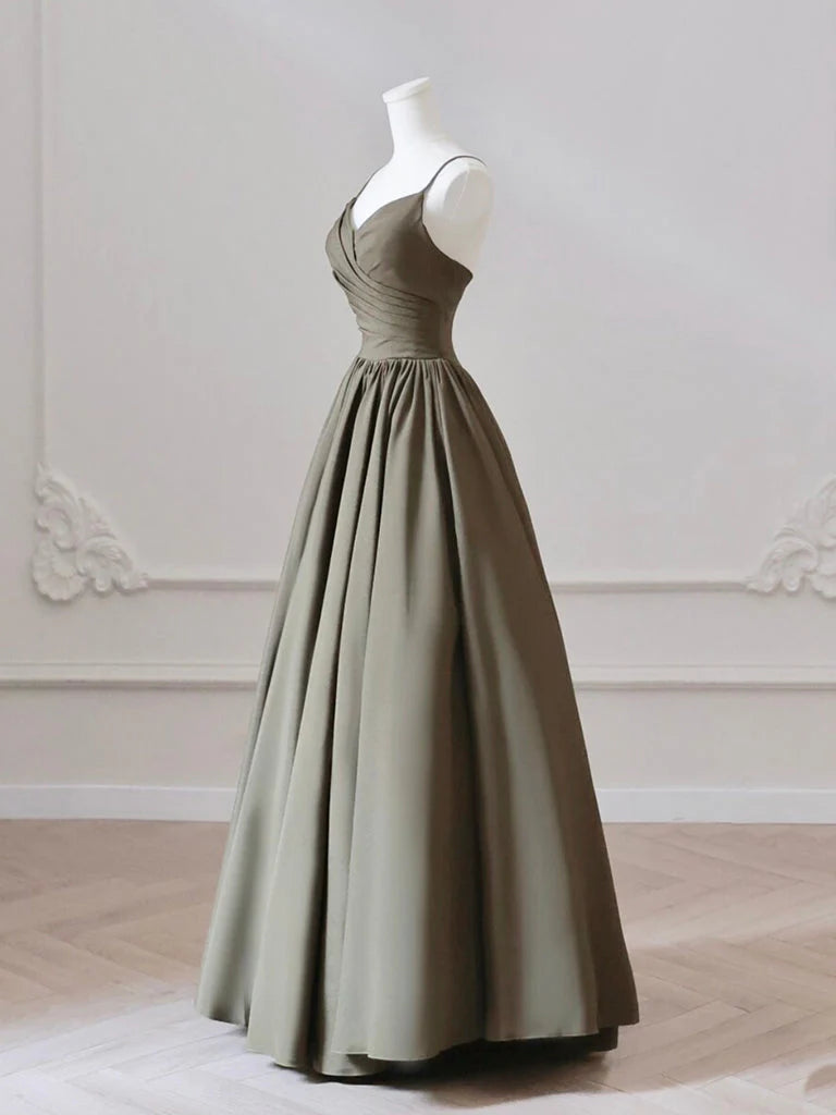 A-Line V Neck Satin Olive Green Long Prom Dress Long Evening Dress