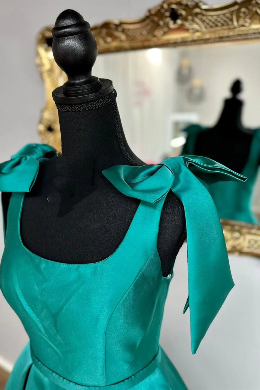 Emerald Square Neck Bow Strap Prom Dress