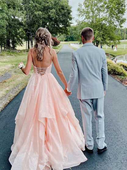 Pink v neck tulle long prom dress pink tulle formal prom dress