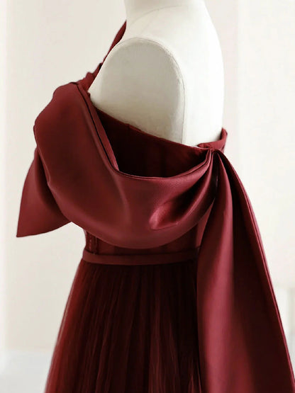 A-Line Tulle Burgundy Long Prom Dresses Burgundy Formal Evening Dresses