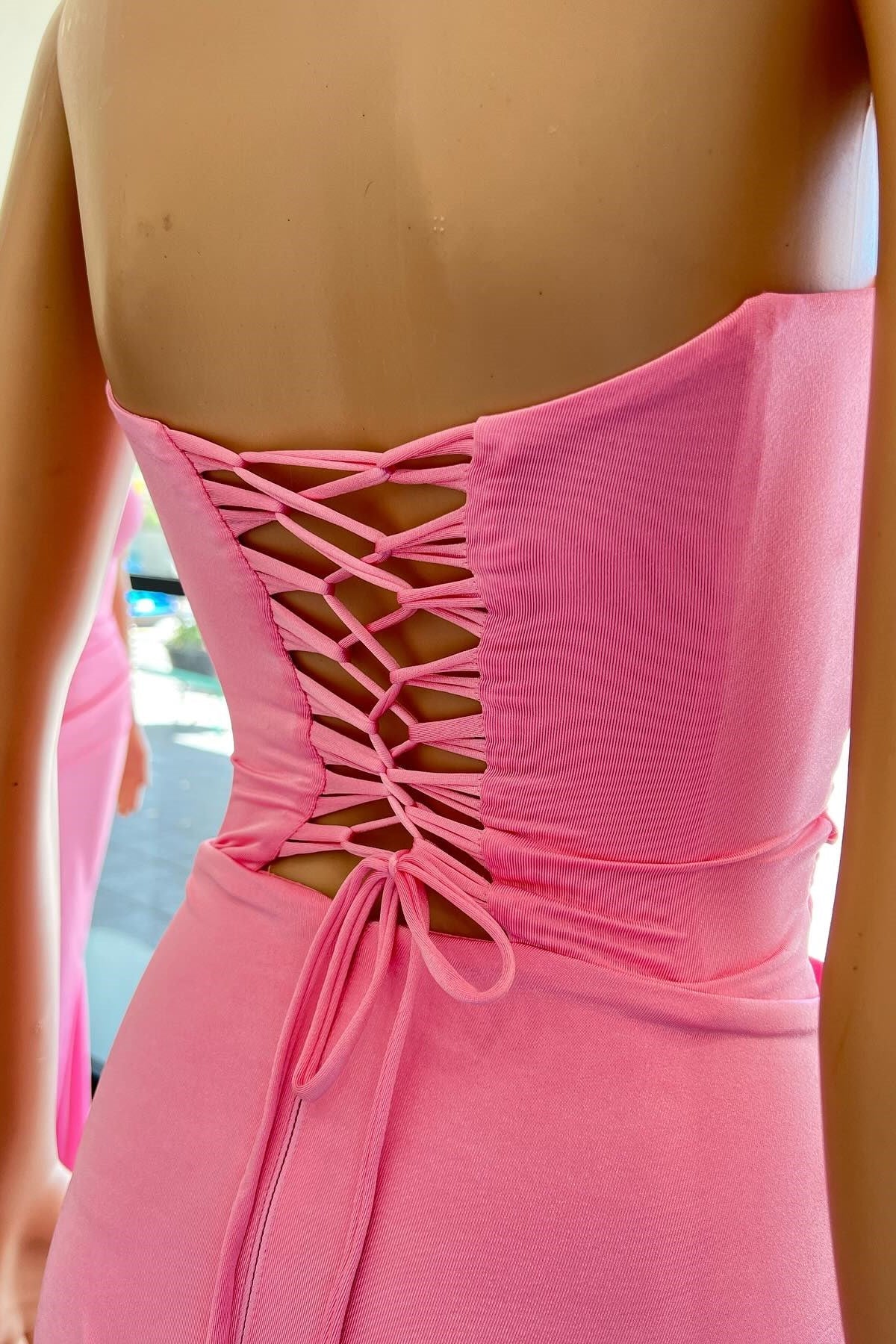 Pink Strapless Lace-Up Mermaid Long Prom Dress