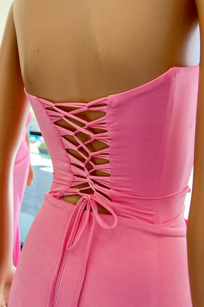 Pink Strapless Lace-Up Mermaid Long Prom Dress