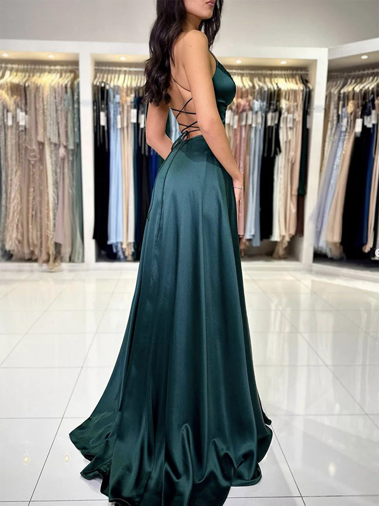 A-Line V Neck Dark Green Satin Long Evening Dress Dark Green Evening Dress