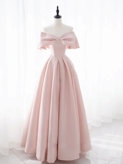 Simple pink satin long prom dress pink A line prom dress