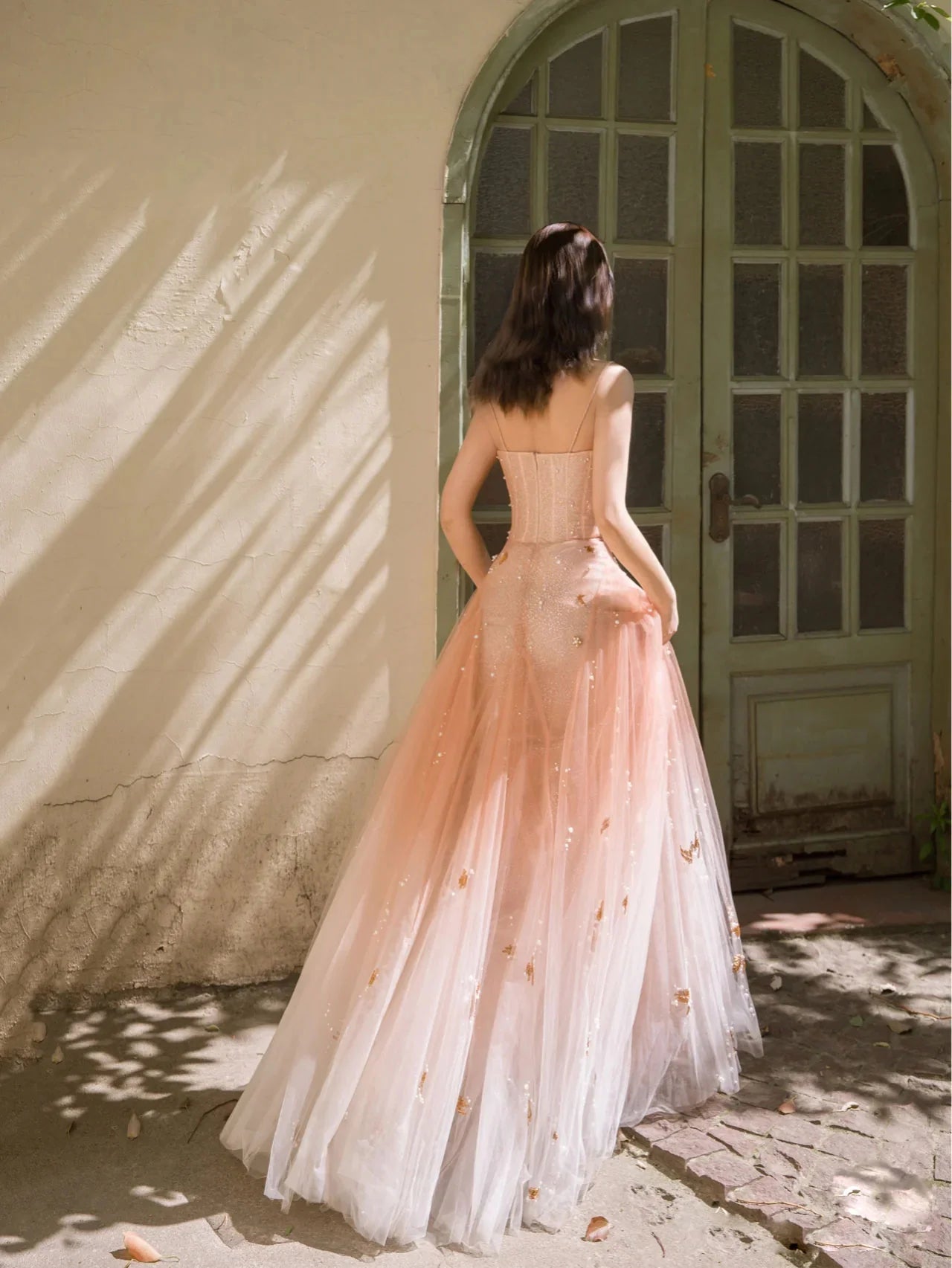 v neck sequin tulle long prom dress orange pink formal prom dress