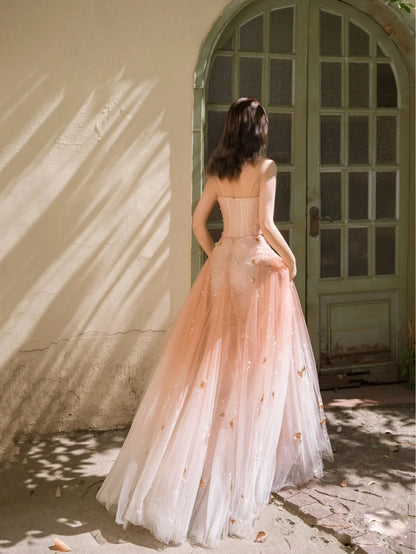 v neck sequin tulle long prom dress orange pink formal prom dress