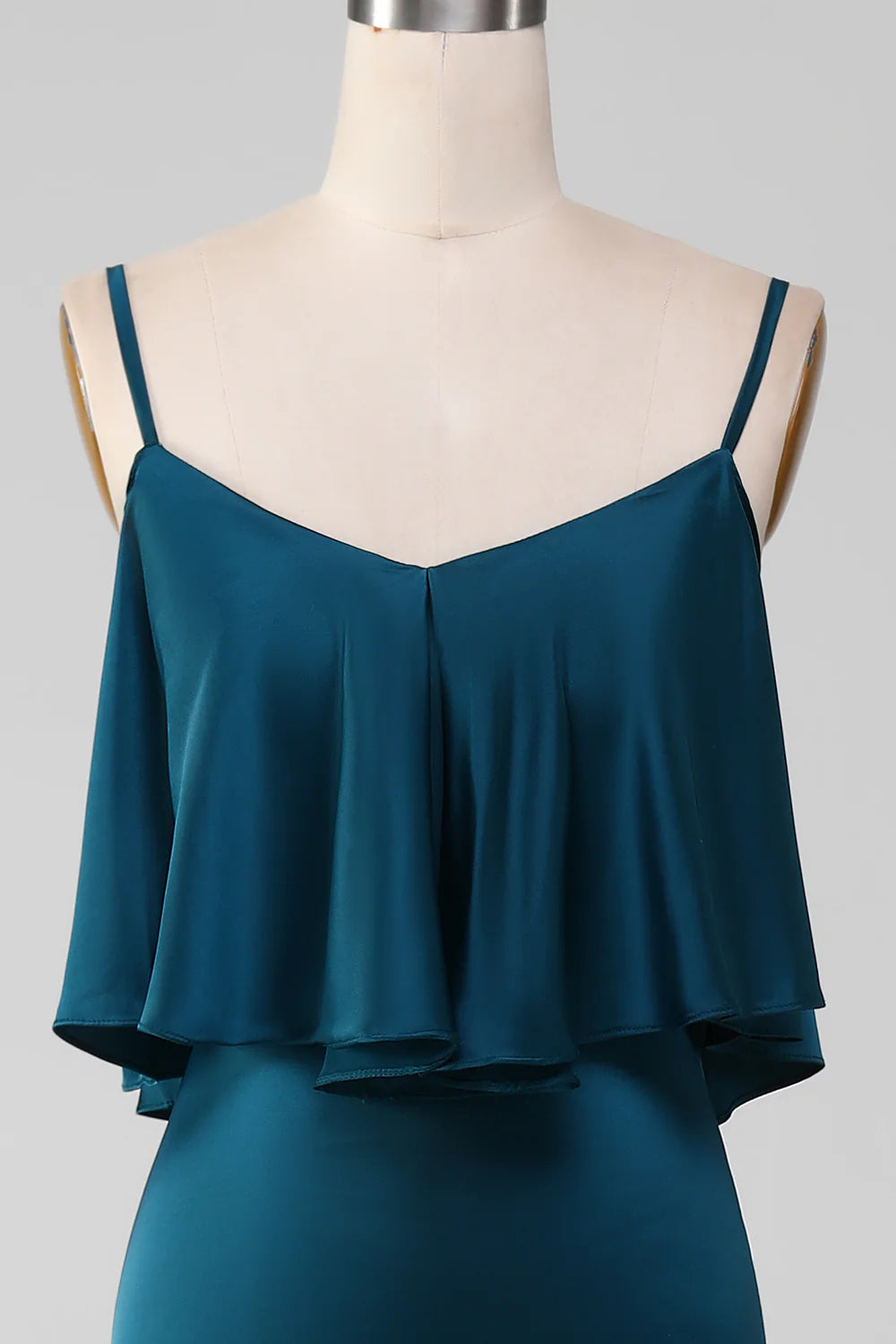 Sheath Spaghetti Straps Long Satin Bridesmaid Dress With Ruffles