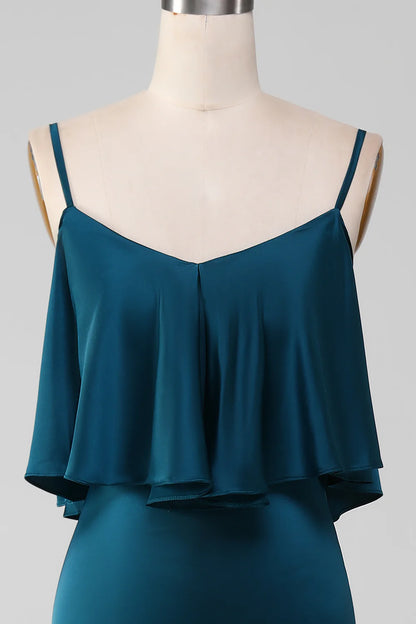 Sheath Spaghetti Straps Long Satin Bridesmaid Dress With Ruffles
