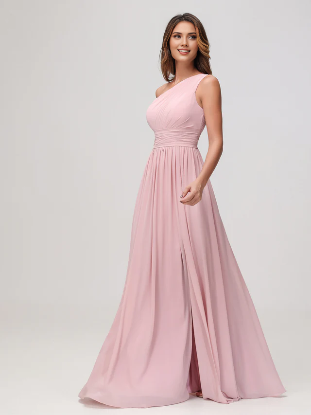 OKBBN One Shoulder Sleeveless Chiffon A-line Bridesmaid Dress