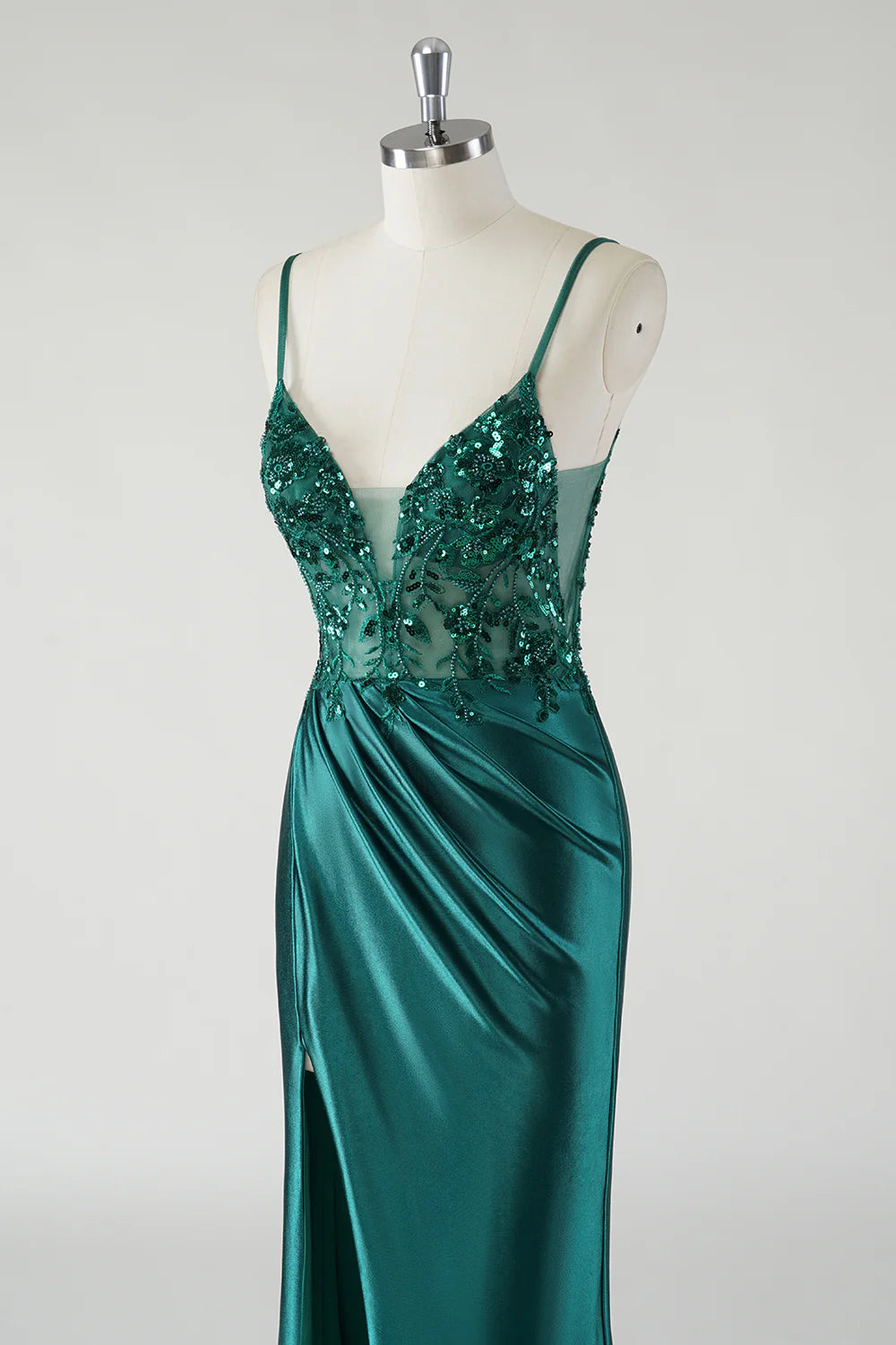 OKBBN Elegant Fine Strap Floral Satin Split Evening Dress