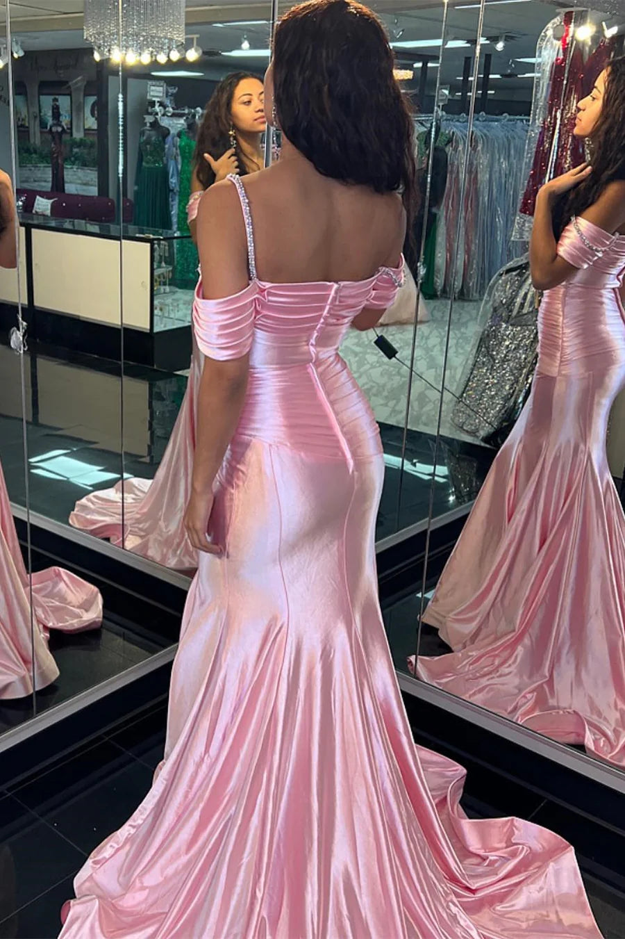Cold-Shoulder Ruching Mermaid Long Formal Dress with Rhinestones