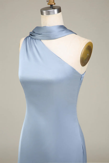 OKBBN tight one shoulder satin long bridesmaid dress