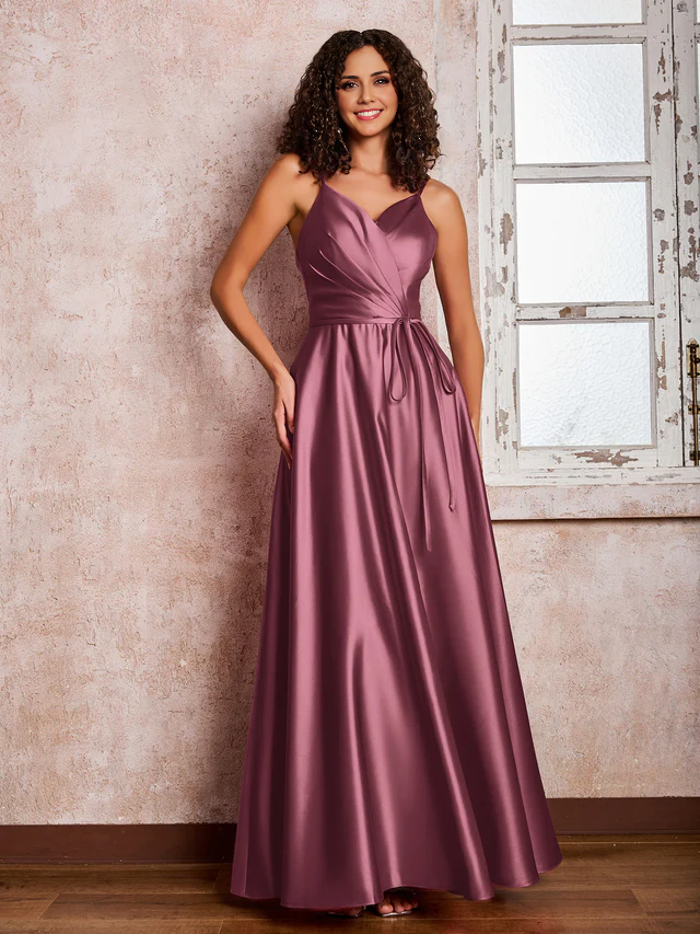 OKBBN Princess Thin Shoulder Strap Long Satin Bridesmaid Dress