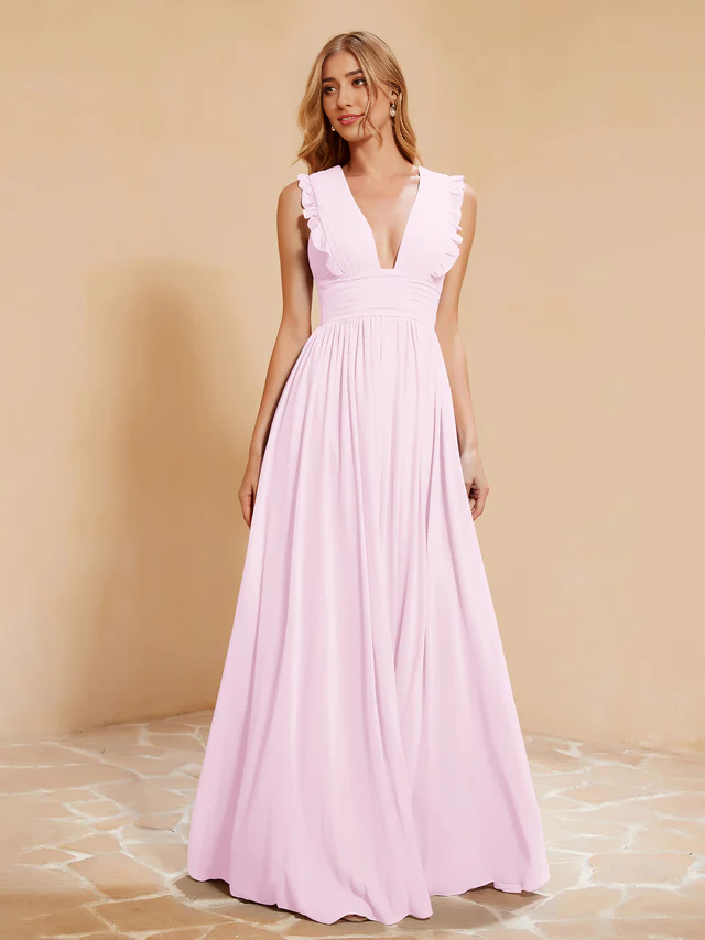 OKBBN deep V-neck ruffled pleated bridesmaid dress