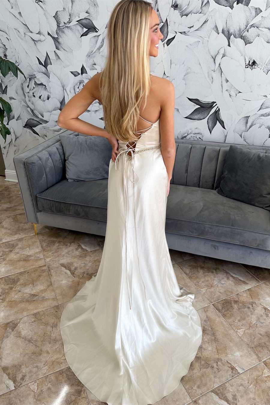 Satin Lace Belted Ruching Long Bridal Gown with Slit