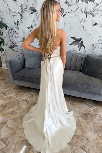 Satin Lace Belted Ruching Long Bridal Gown with Slit