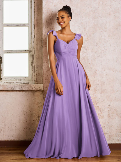 OKBBN pleated shoulder strap sleeveless A-line chiffon bridesmaid dress