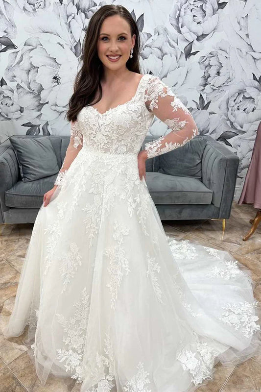 Lace Tulle Queen Anne Neck Long Sleeve Bridal Gown