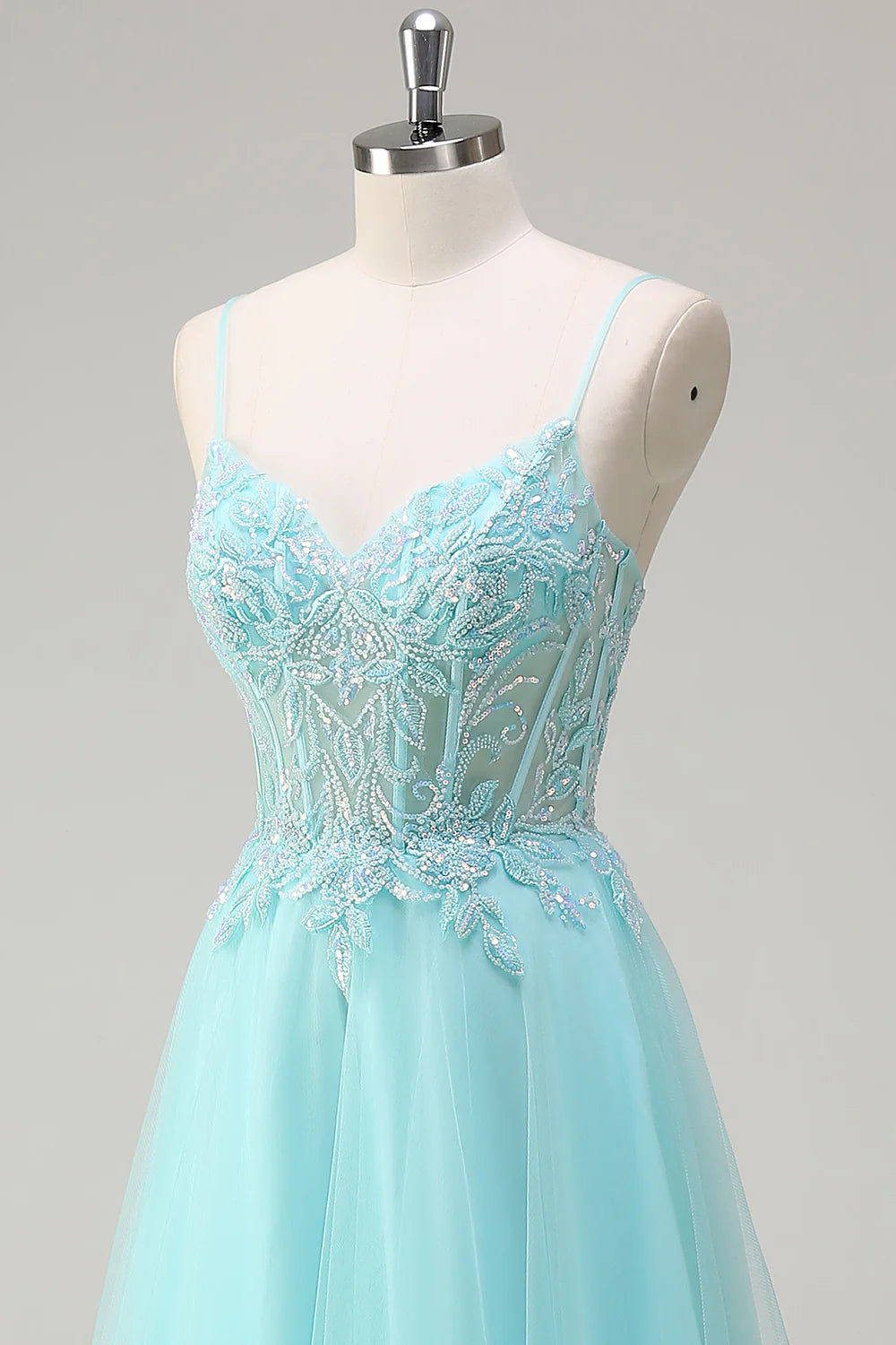 OKBBN A-line thin shoulder strap sequined chiffon long ball dress