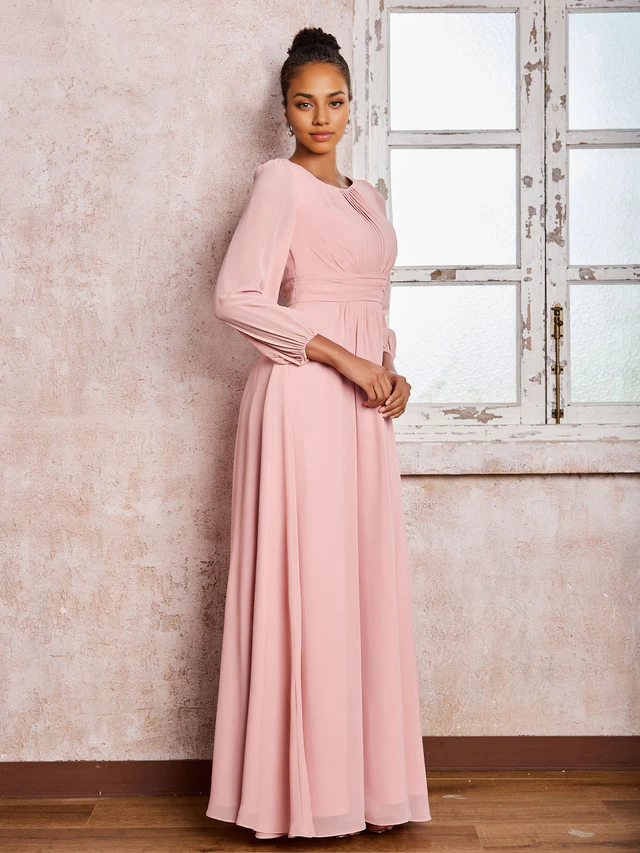 OKBBN boat collar long sleeved pleated A-line chiffon bridesmaid dress