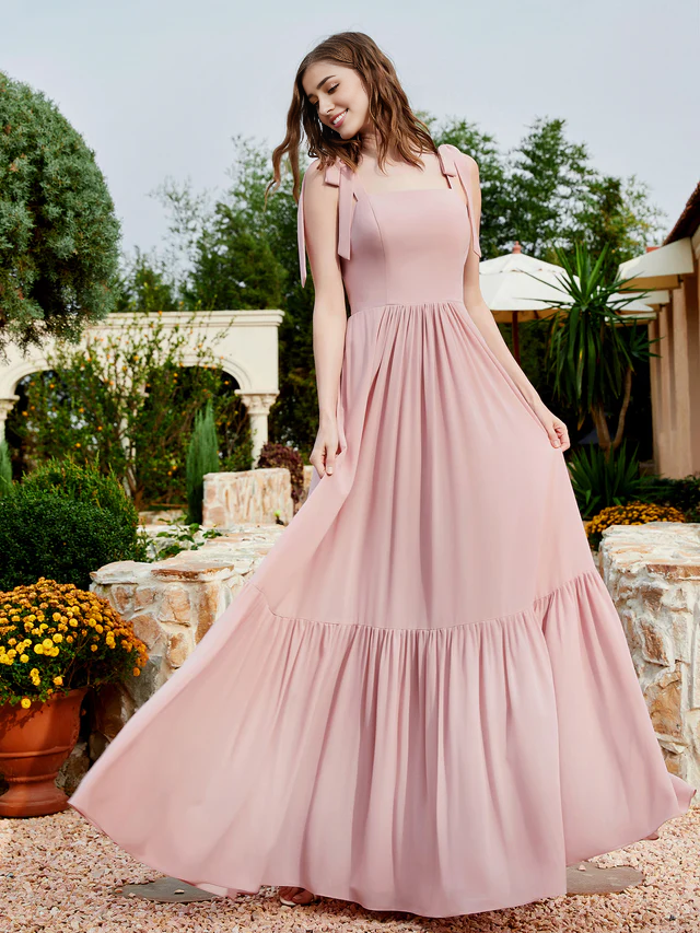 OKBBN A-line bow ruffle sleeveless chiffon bridesmaid dress