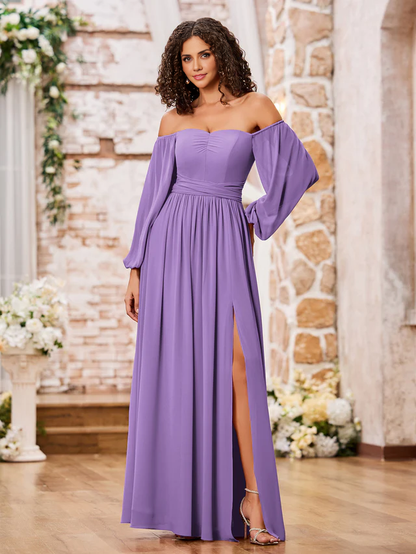 OKBBN off shoulder long sleeved chiffon split bridesmaid dress