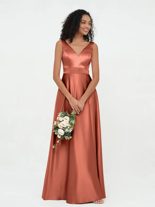 OKBBN Princess V-neck satin pocket bridesmaid dress