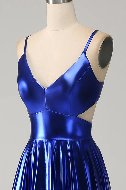 OKBBN A-line thin shoulder strap backless pleated metal slit ball dress