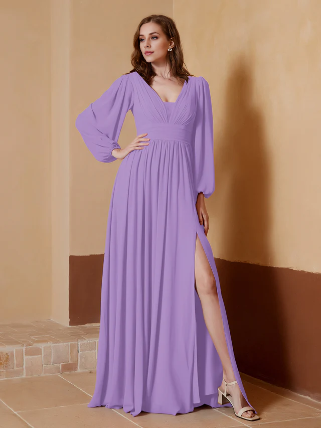 OKBBN deep V-neck and floor split bridesmaid dress