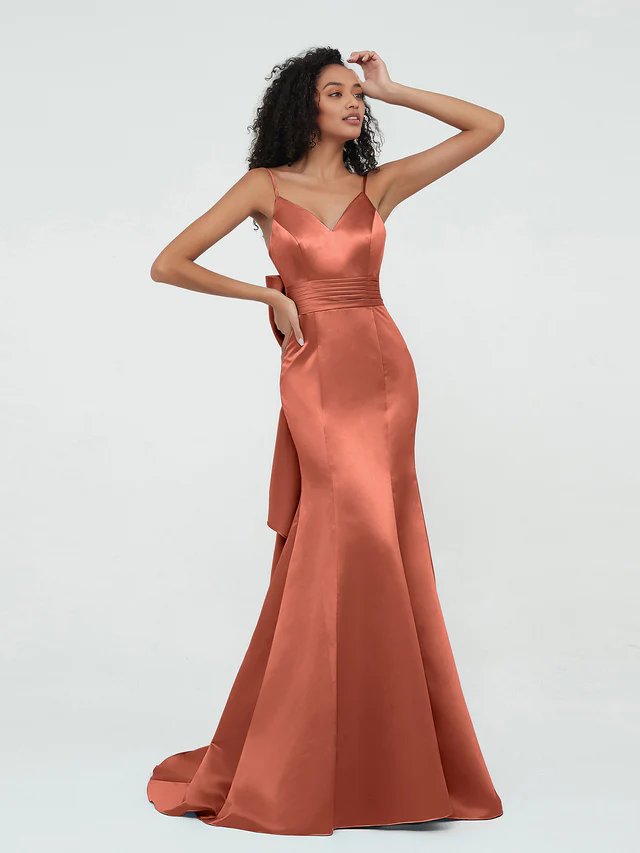 OKBBN thin shoulder strap satin mermaid bridesmaid dress