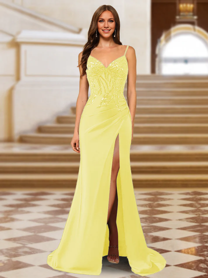 OKBBN shiny trumpet shaped mermaid slim shoulder strap long evening gown