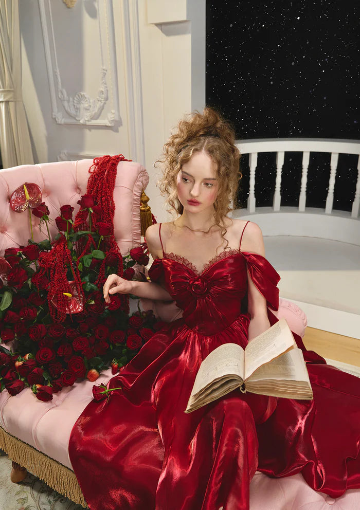 Red Satin High Low Dresses with Off Shoulder Lace Trim 3D Floral Accents Back Sash and Flared Skirt