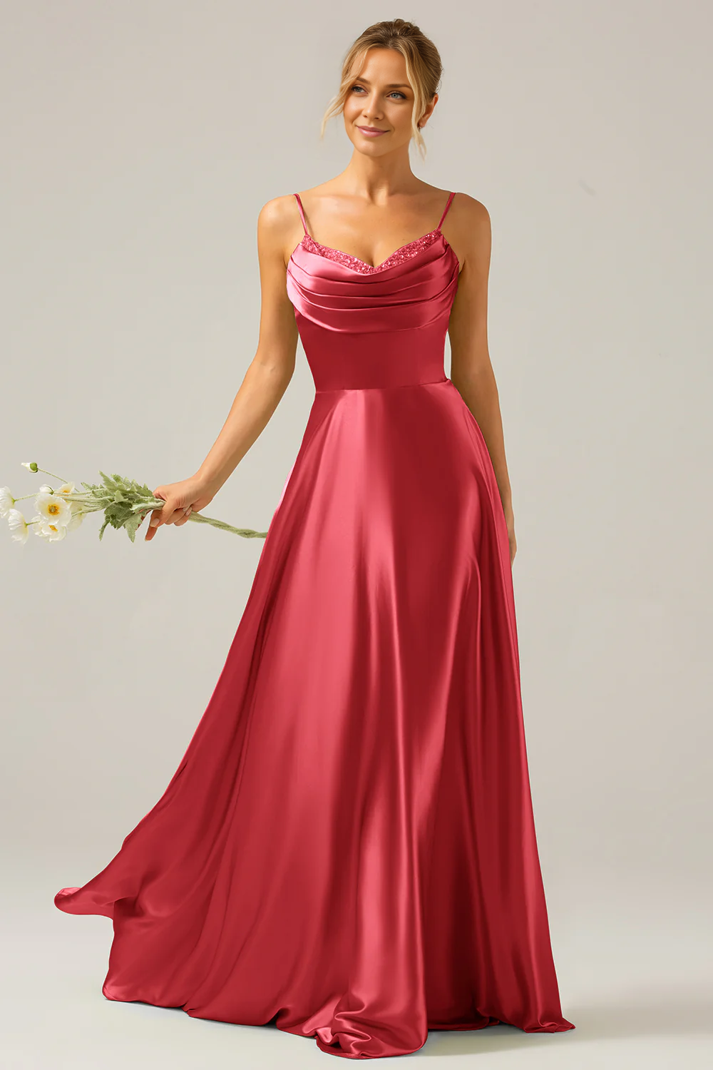 OKBBN A-line scarf collar satin long bridesmaid dress
