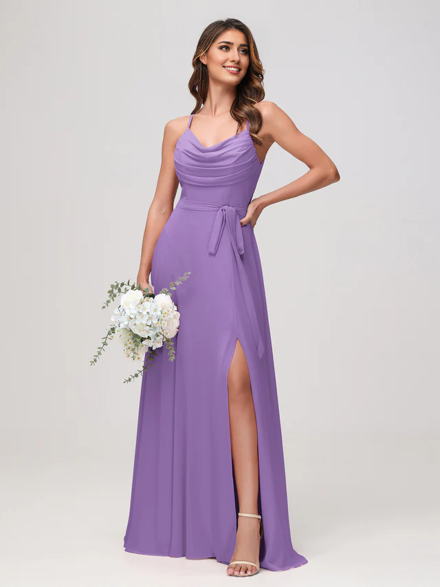 OKBBN sexy scarf collar pleated chiffon slit bridesmaid dress