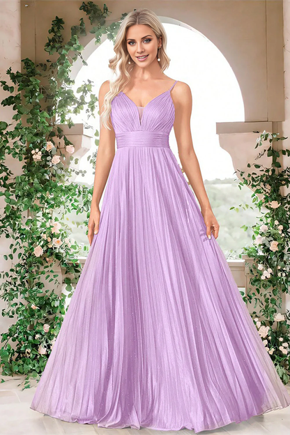 OKBBN A-line thin shoulder strap pleated long ball gown