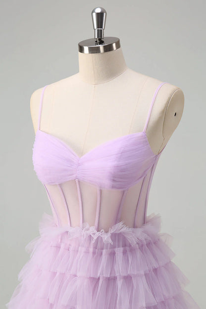 OKBBN A-line thin shoulder strap transparent tight corset layered long layered ballroom dress