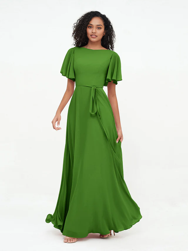 OKBBN elegant flowing sleeve chiffon bridesmaid dress