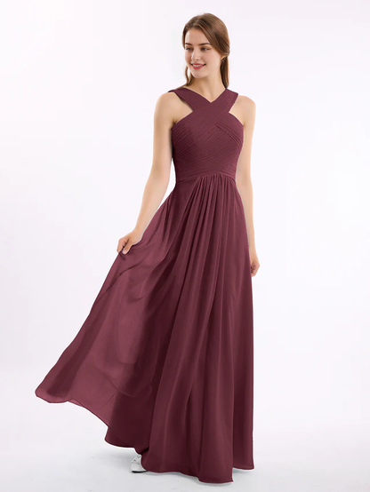 OKBBN Cross Shoulder Chiffon High Waist Bridesmaid Dress