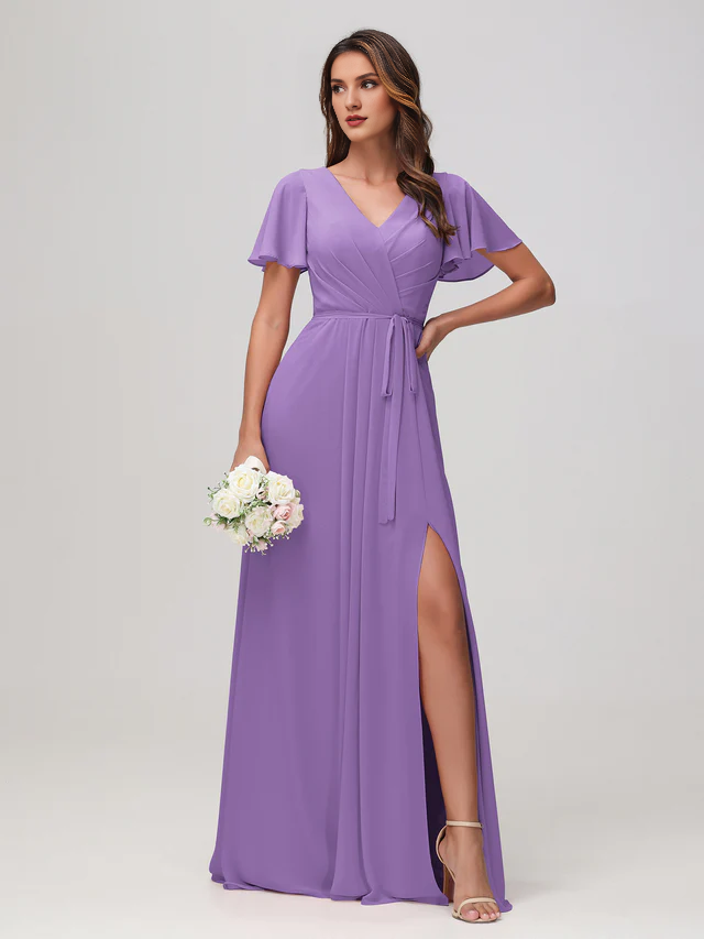 OKBBN pleated chiffon bridesmaid dress with flowing sleeves
