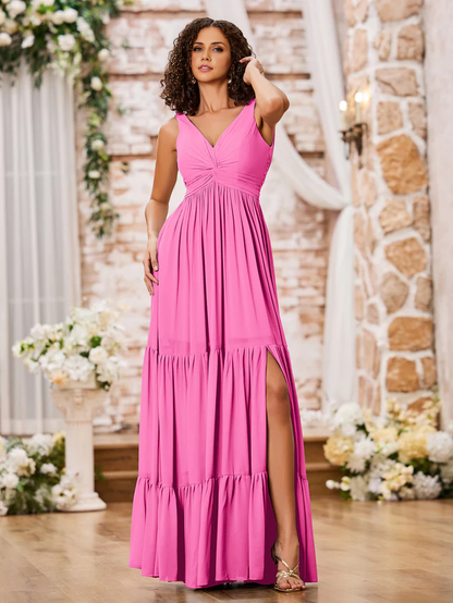 OKBBN A-line V-neck cross pleated layered bridesmaid dress